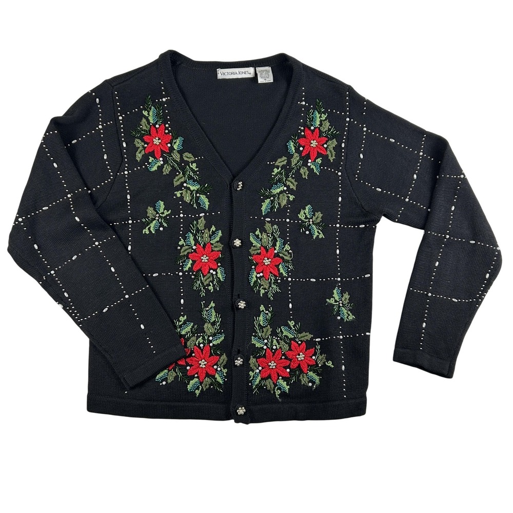 Victoria‎ Jones Sweater Womens Medium Black Christmas Poinsettia Beaded Cardigan
